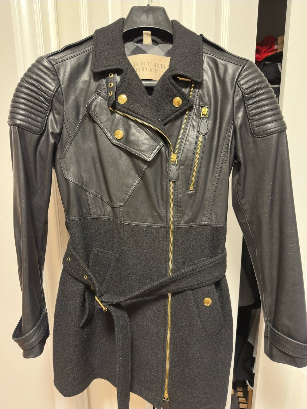 Burberry Brit Black Calf Leather & Wool Moto Coat with Gold Hardware